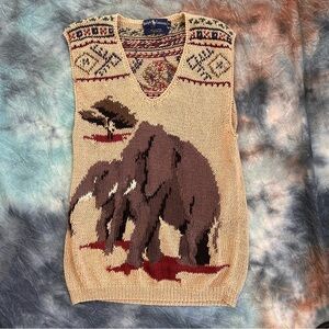 Vintage 1990s Ralph Lauren Safari Collection Sweater Vest with Elephant Motif S